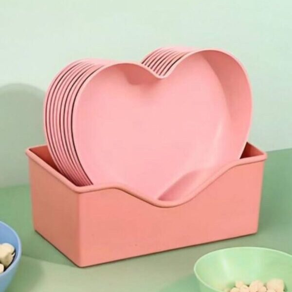 Heart Shape Plastic Snack & Dessert Dish Set for Kids with Holder