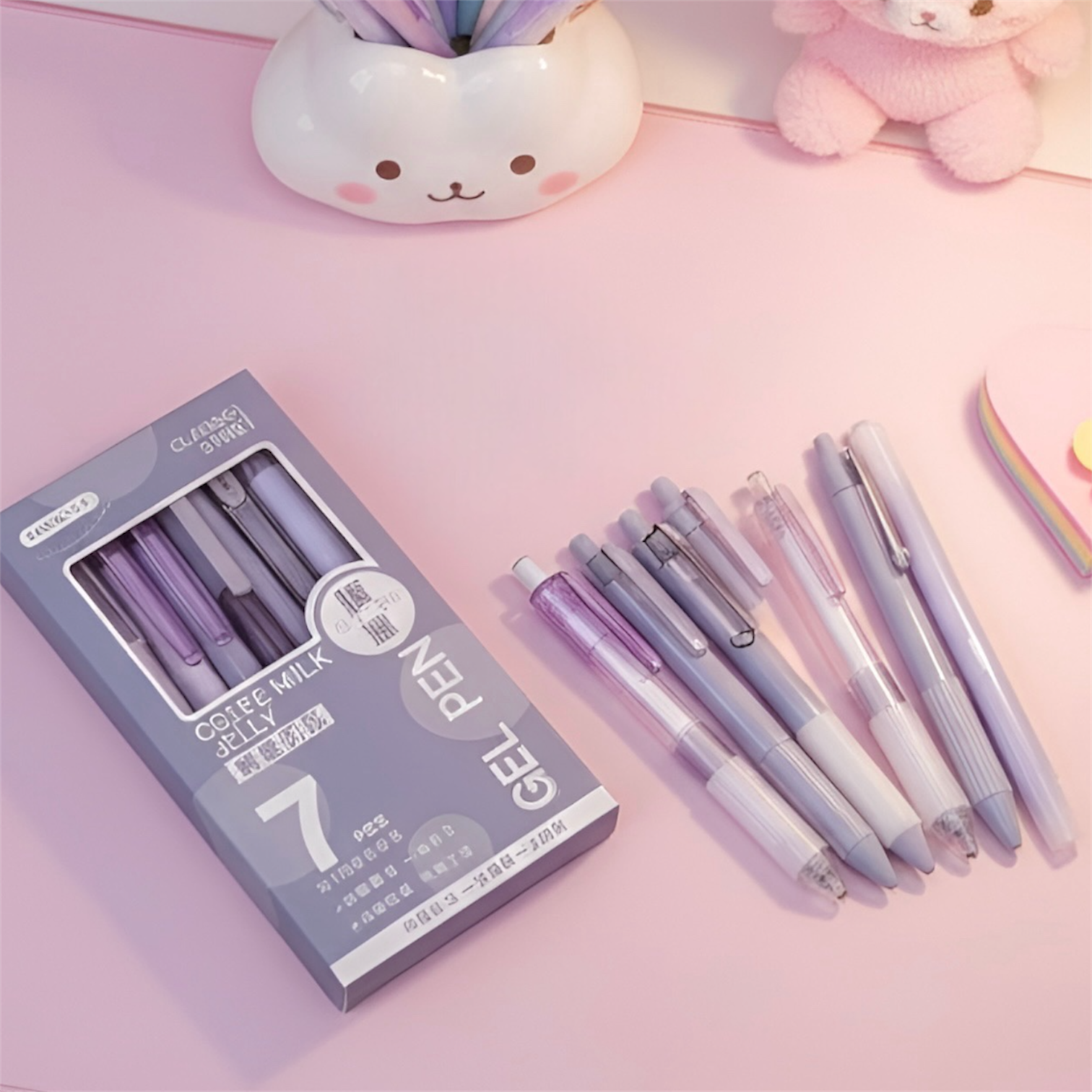 7 Pcs Cute Gel Pen Set – Black Ink Pens with Highlighter