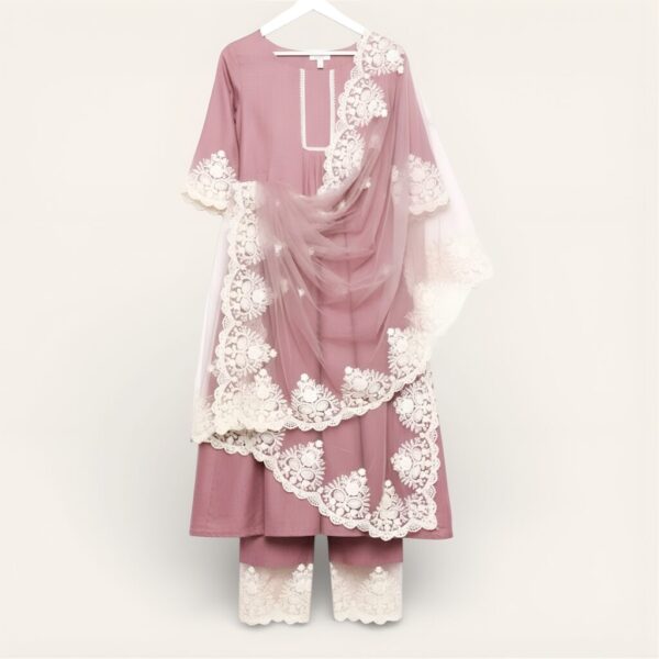 Balaji Closet Women Peach Embroidered Kurta Pant Set with Net Dupatta