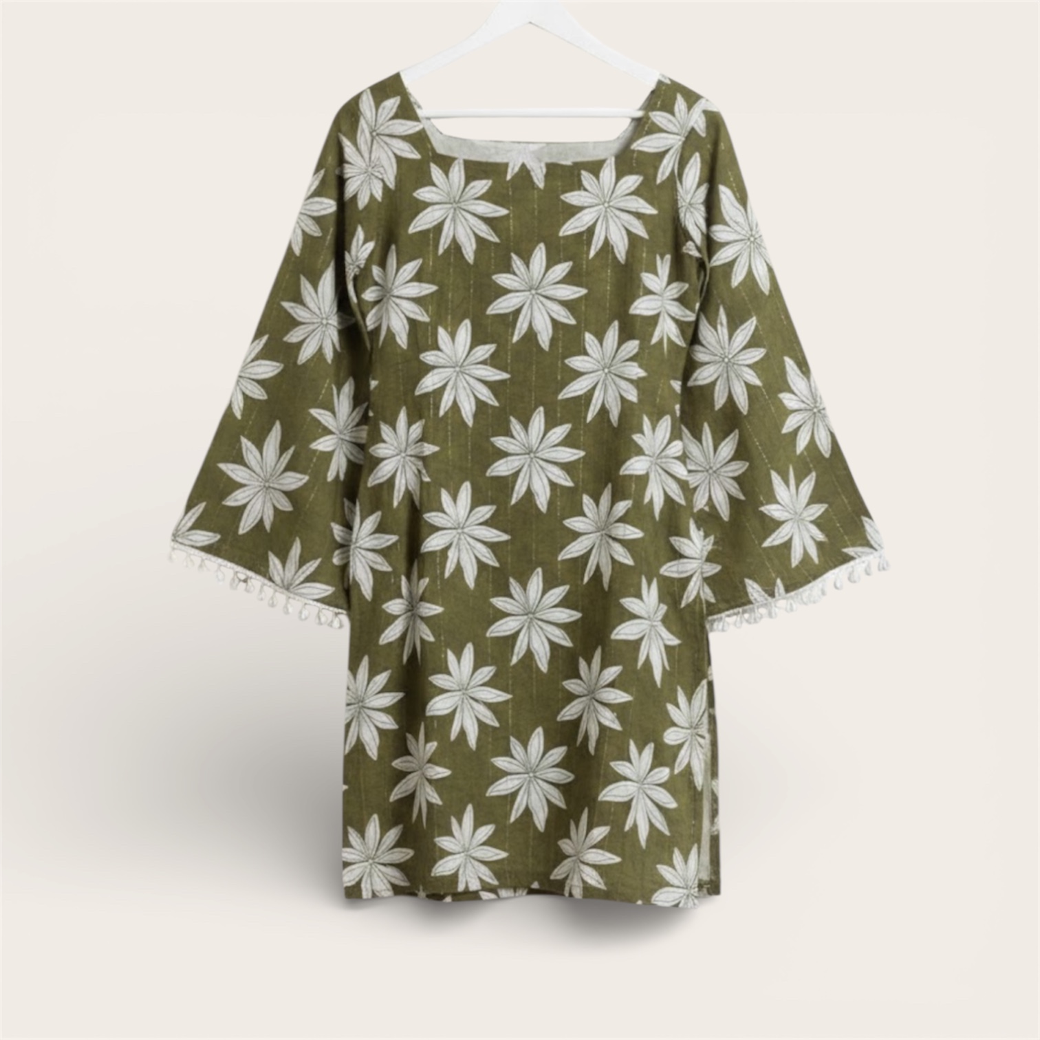 KJ Green Floral Cotton Top for Women – Casual Long Sleeve Boat Neck Top