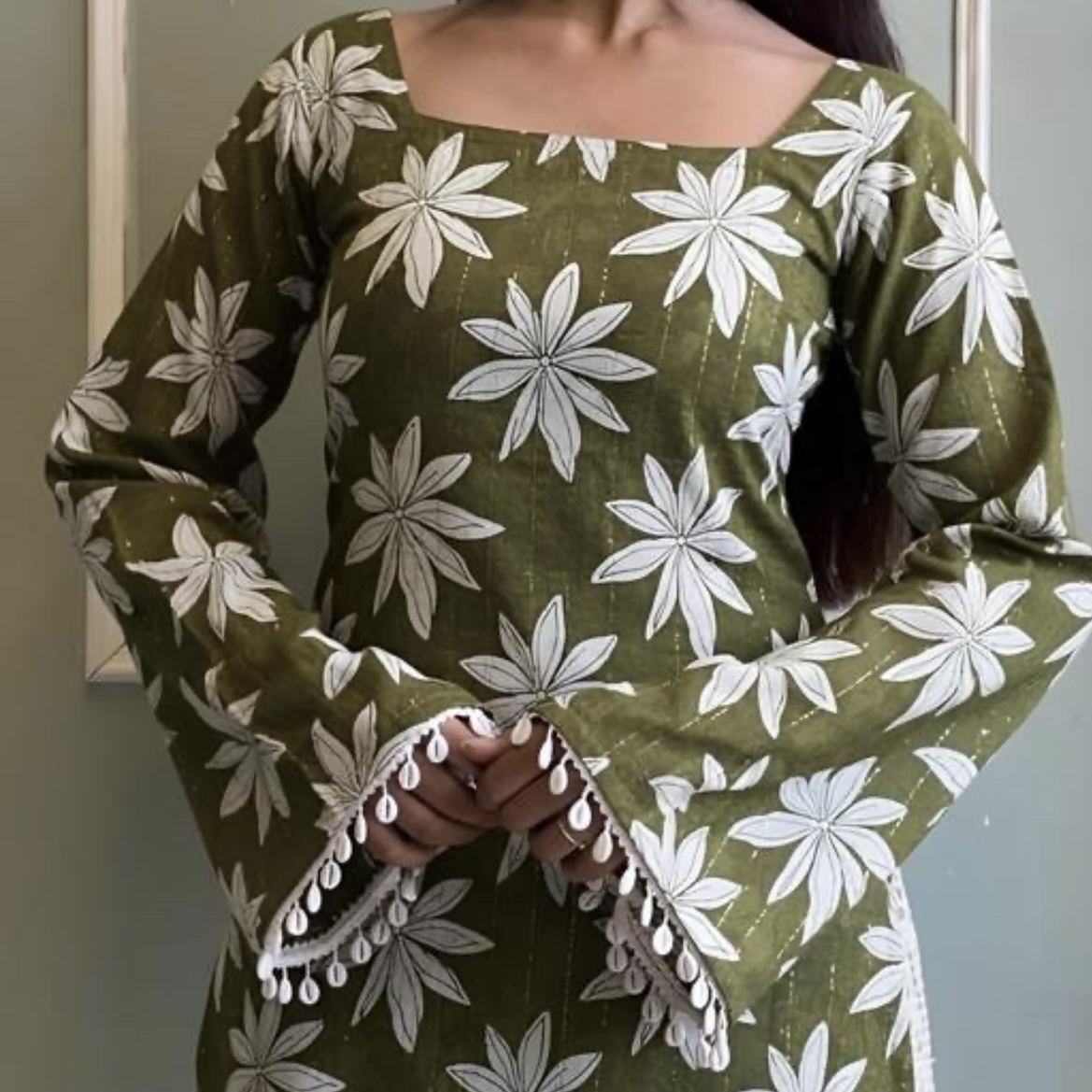 KJ Green Floral Cotton Top for Women – Casual Long Sleeve Boat Neck Top - Image 2