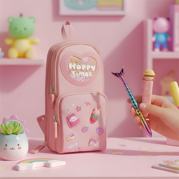 Kawaii Pencil Case Set – 3-Compartment Pouch with Peach Eraser & Mermaid Pen