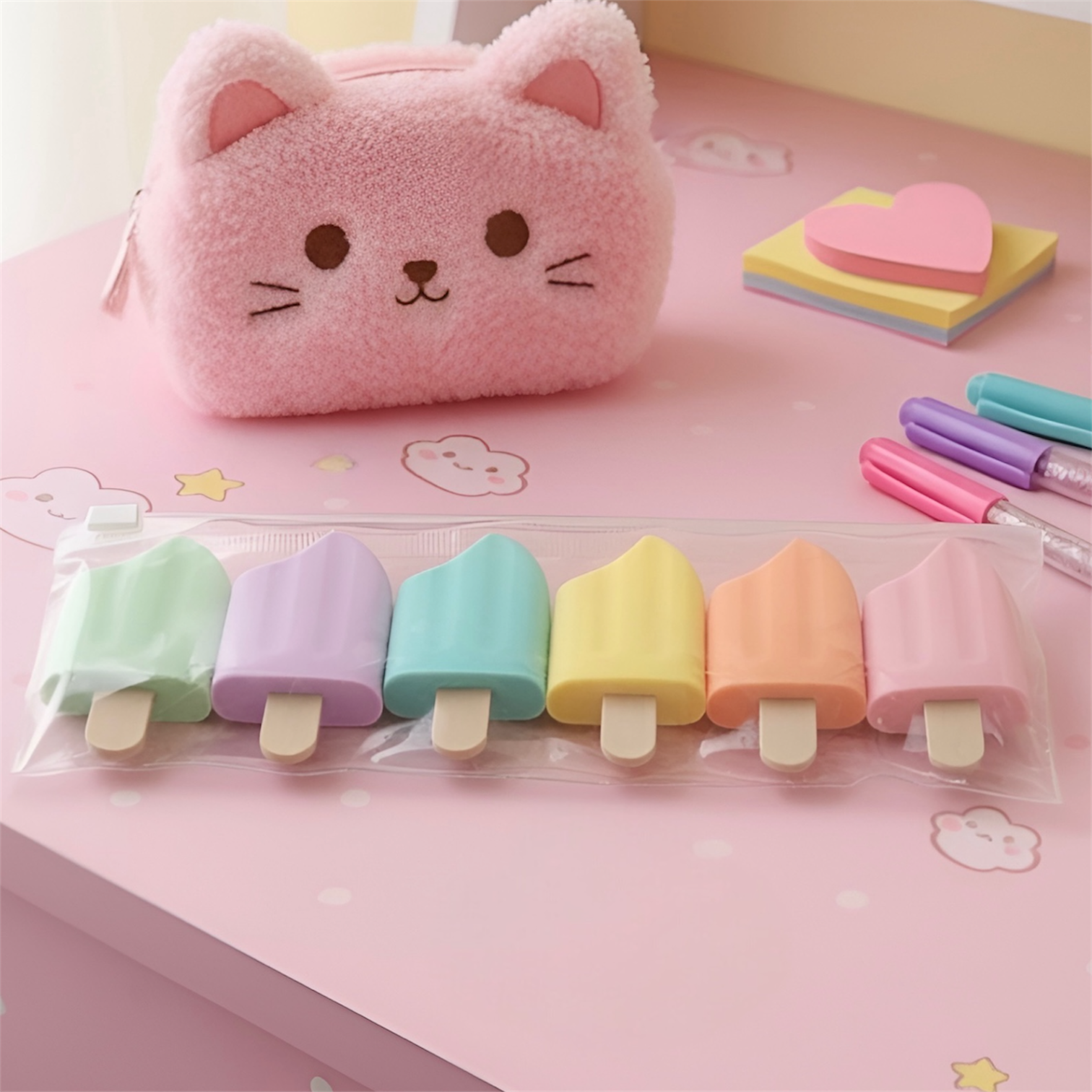 Pastel Ice Cream Popsicle Highlighter Set – 6 Cute Chisel Tip Marker Pens in package