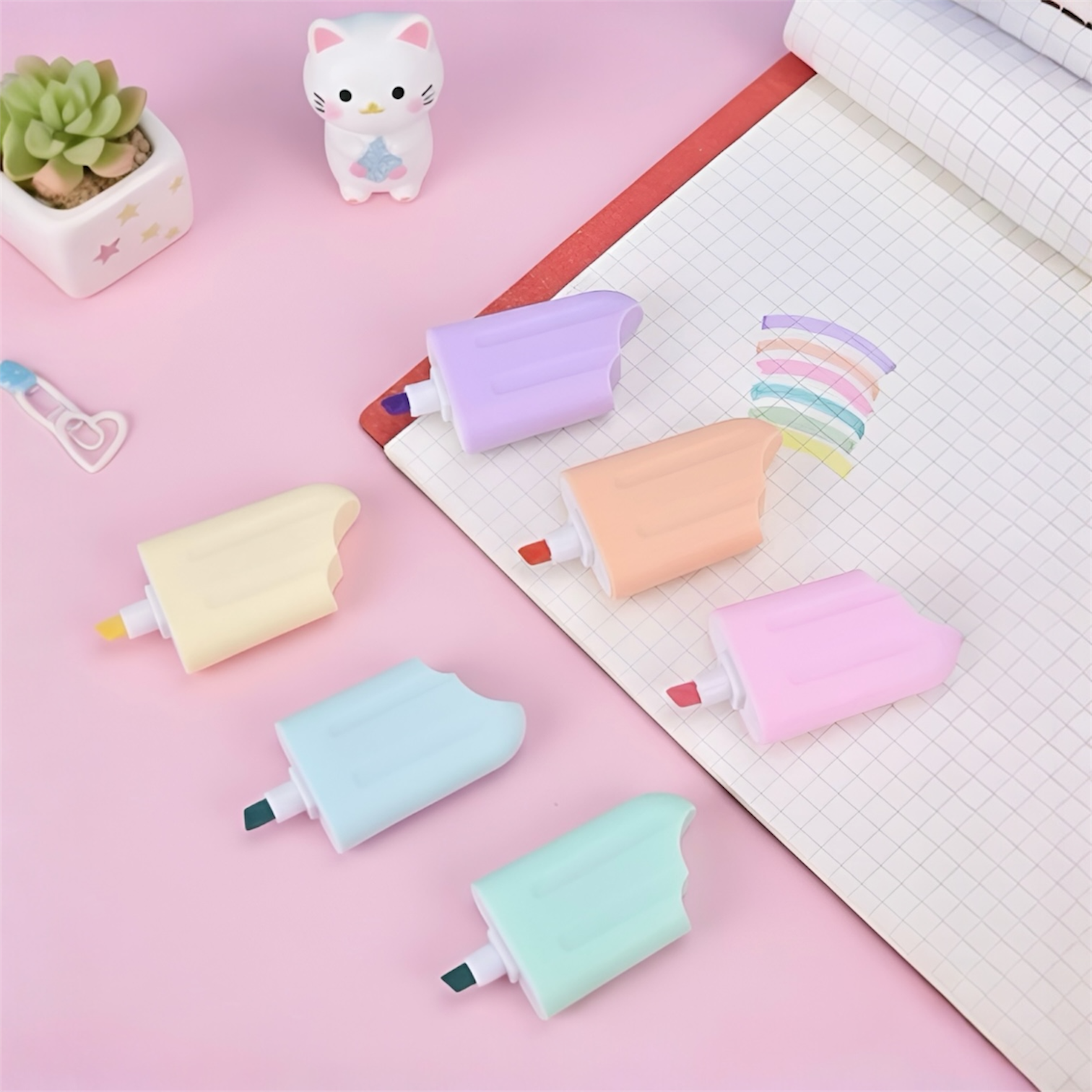 Pastel Ice Cream Popsicle Highlighter Set – 6 Cute Chisel Tip Marker Pens