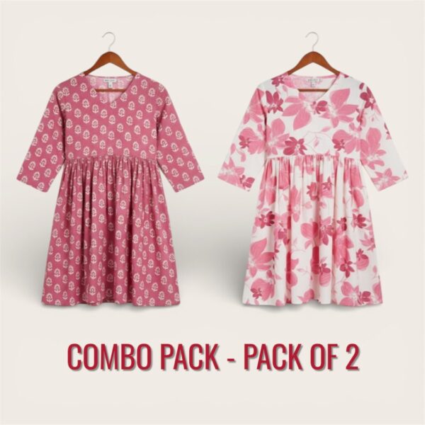 Pink Floral Printed Cotton Flared Peplum Top Combo for Women & Girls (Pack of 2)