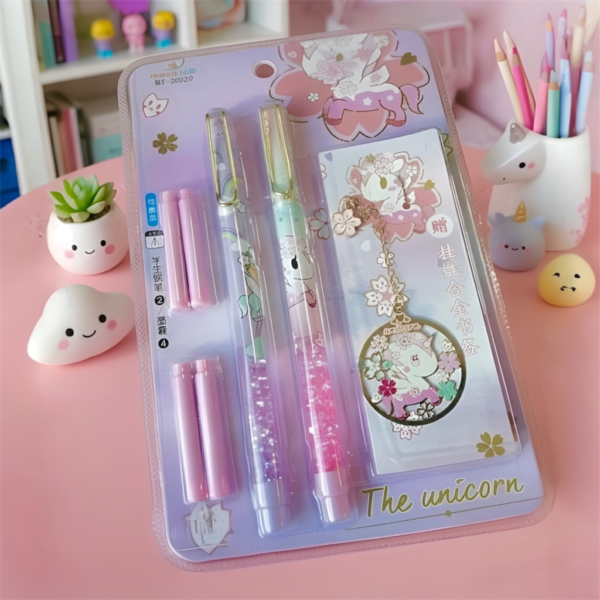 Unicorn Erasable Fountain Pen Set – Kawaii Quick Sand Pens with Refills (Multicolor)