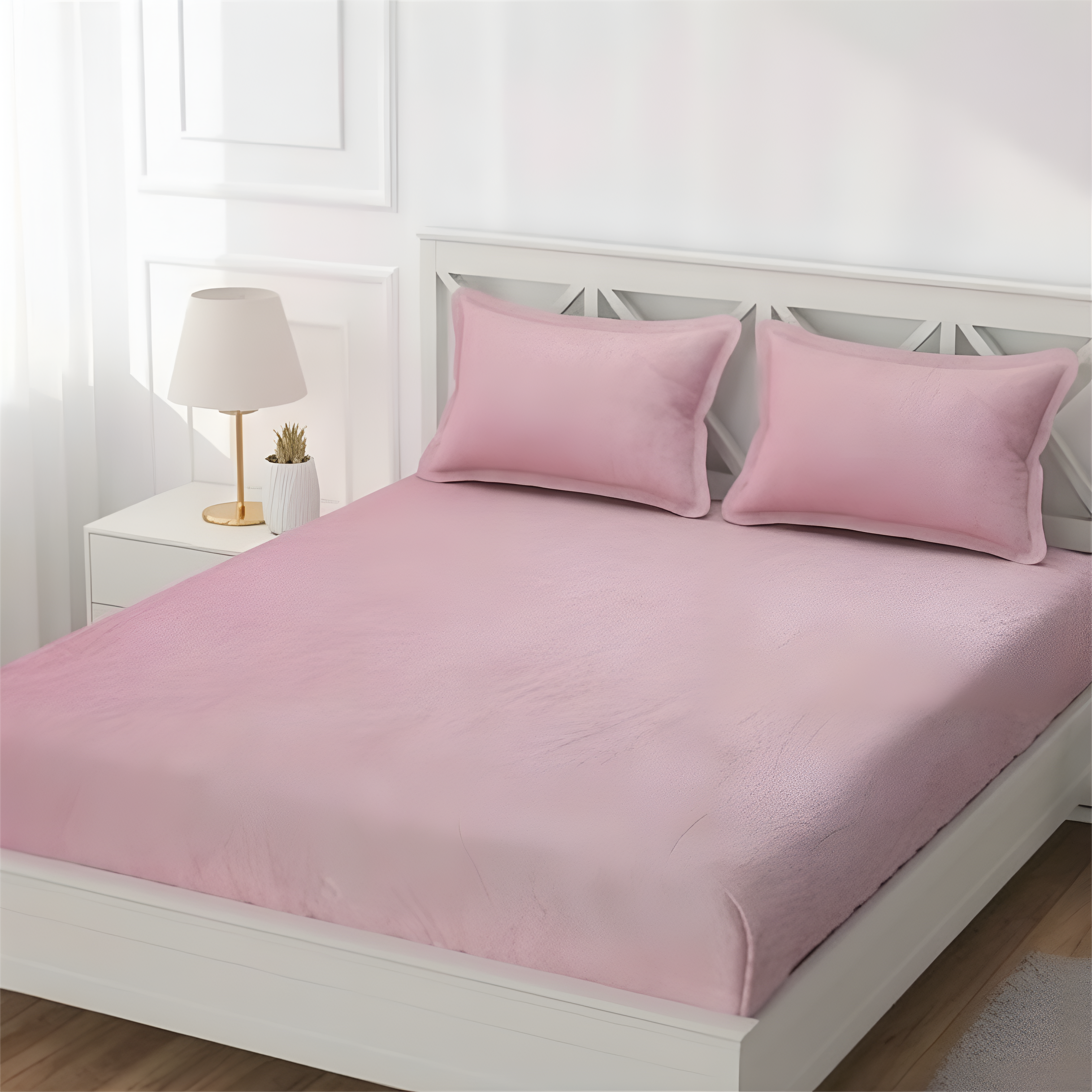 Winter Solid Elastic Flannel Bedsheet with 2 Pillow Covers – Soft Heavy Warm Fitted Bedsheet (PINK)2