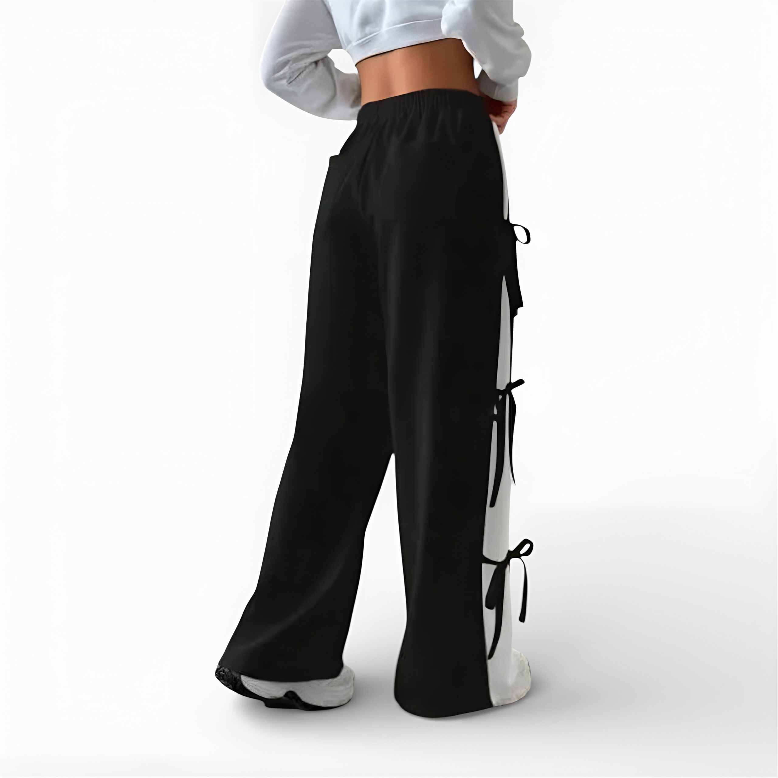 Women Elastic Waist Straight Leg Sweatpants with Bow Tie (BLACK1)