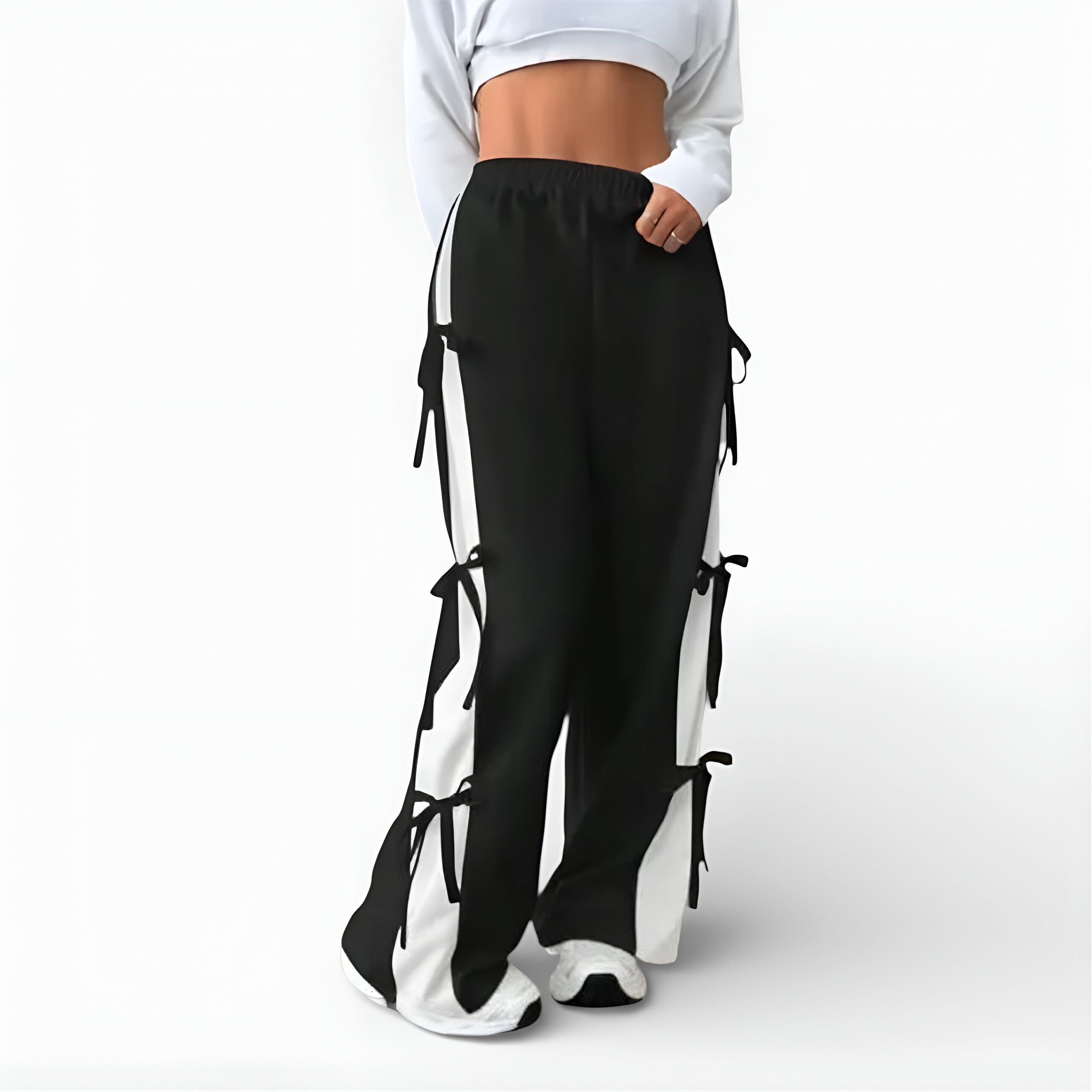 Women Elastic Waist Straight Leg Sweatpants with Bow Tie (BLACK2)