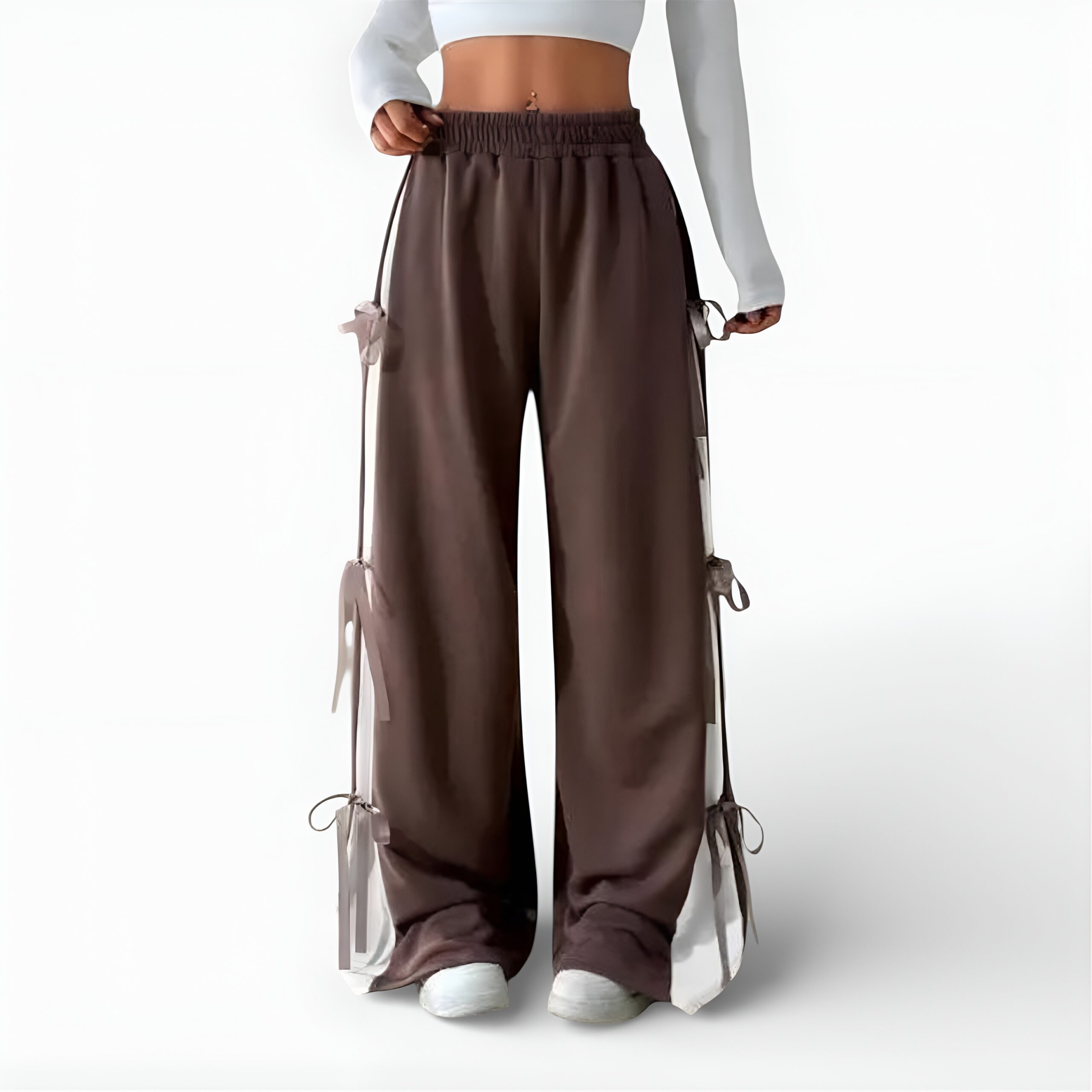Women Elastic Waist Straight Leg Sweatpants with Bow Tie (BROWN1)