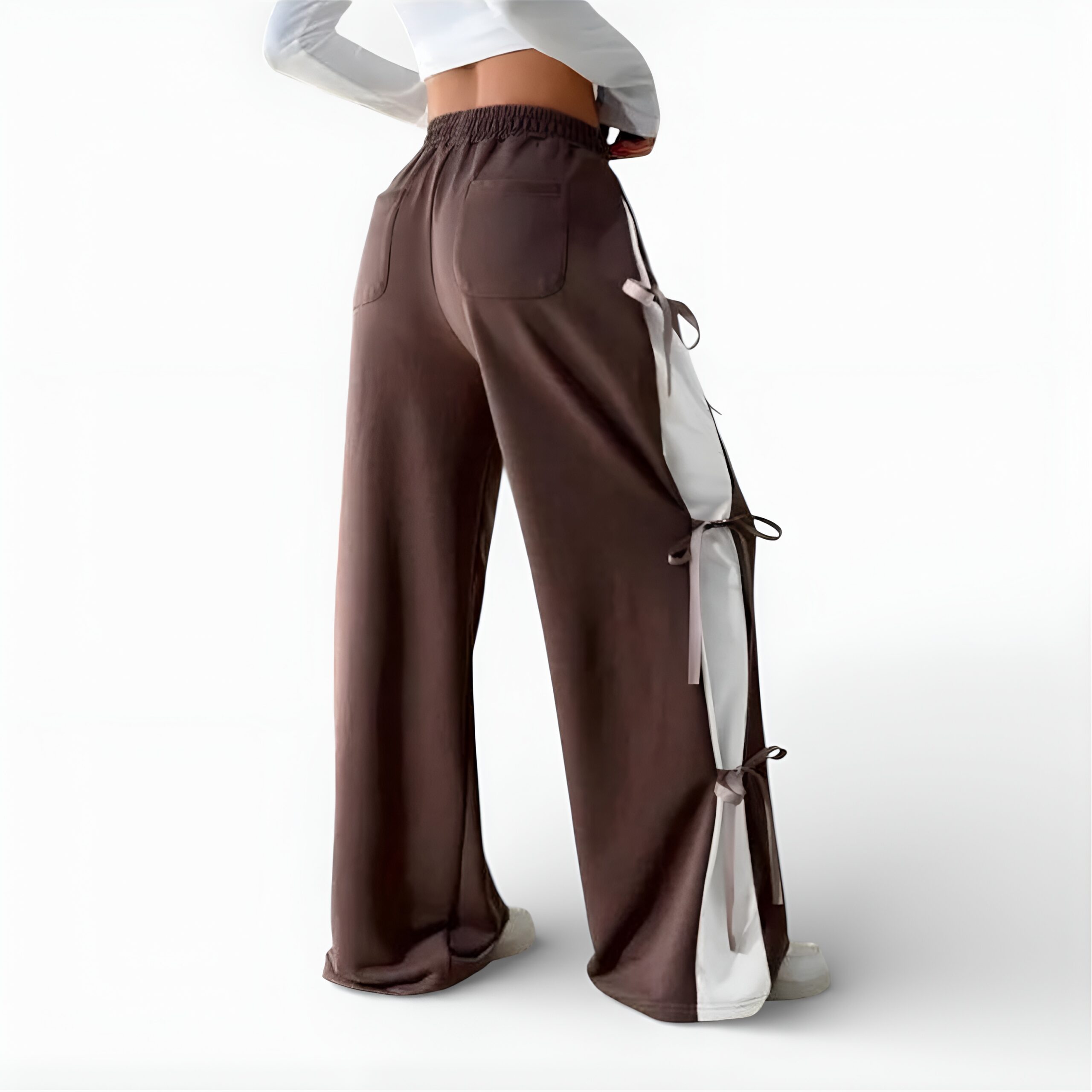 Women Elastic Waist Straight Leg Sweatpants with Bow Tie (BROWN2)