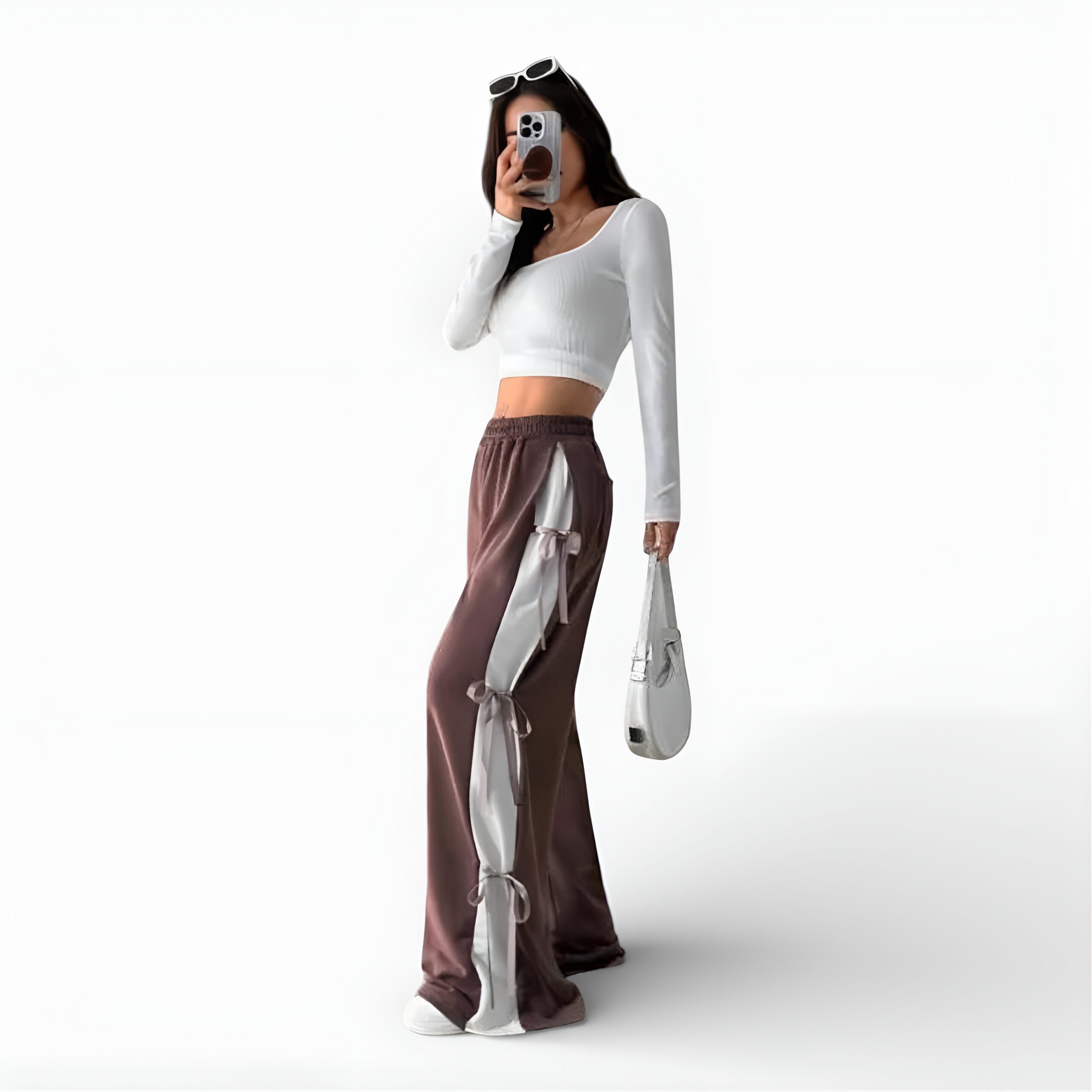 Women Elastic Waist Straight Leg Sweatpants with Bow Tie (BROWN3)