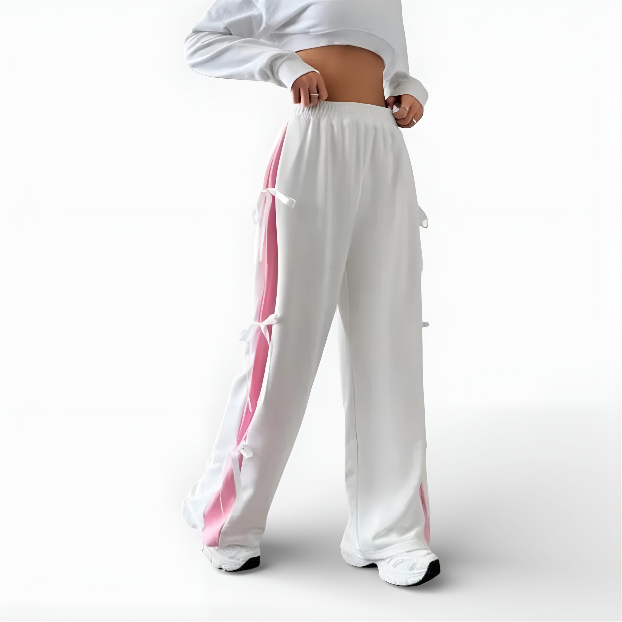 Women Elastic Waist Straight Leg Sweatpants with Bow Tie (PINK1)