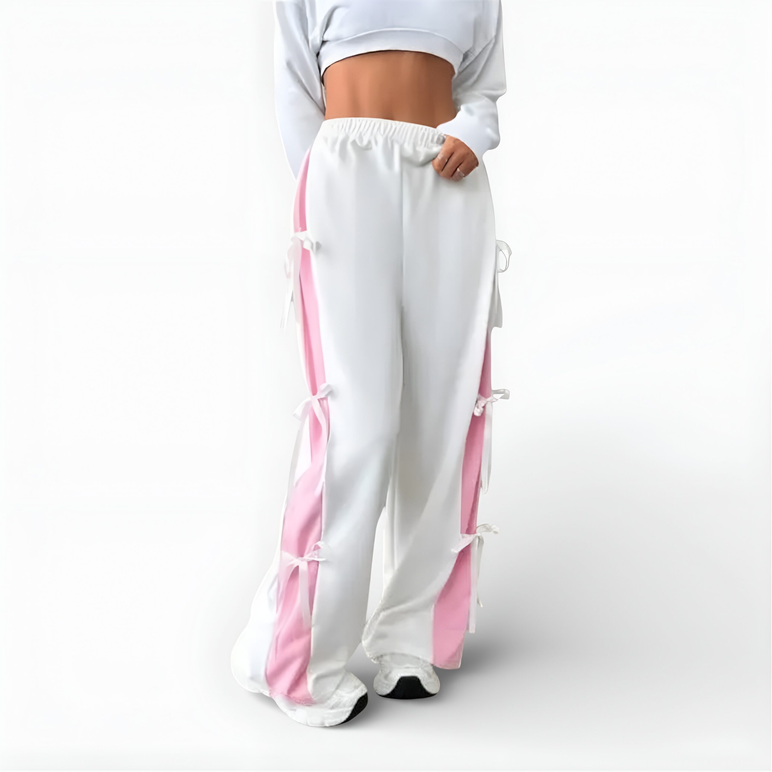 Women Elastic Waist Straight Leg Sweatpants with Bow Tie (PINK3)