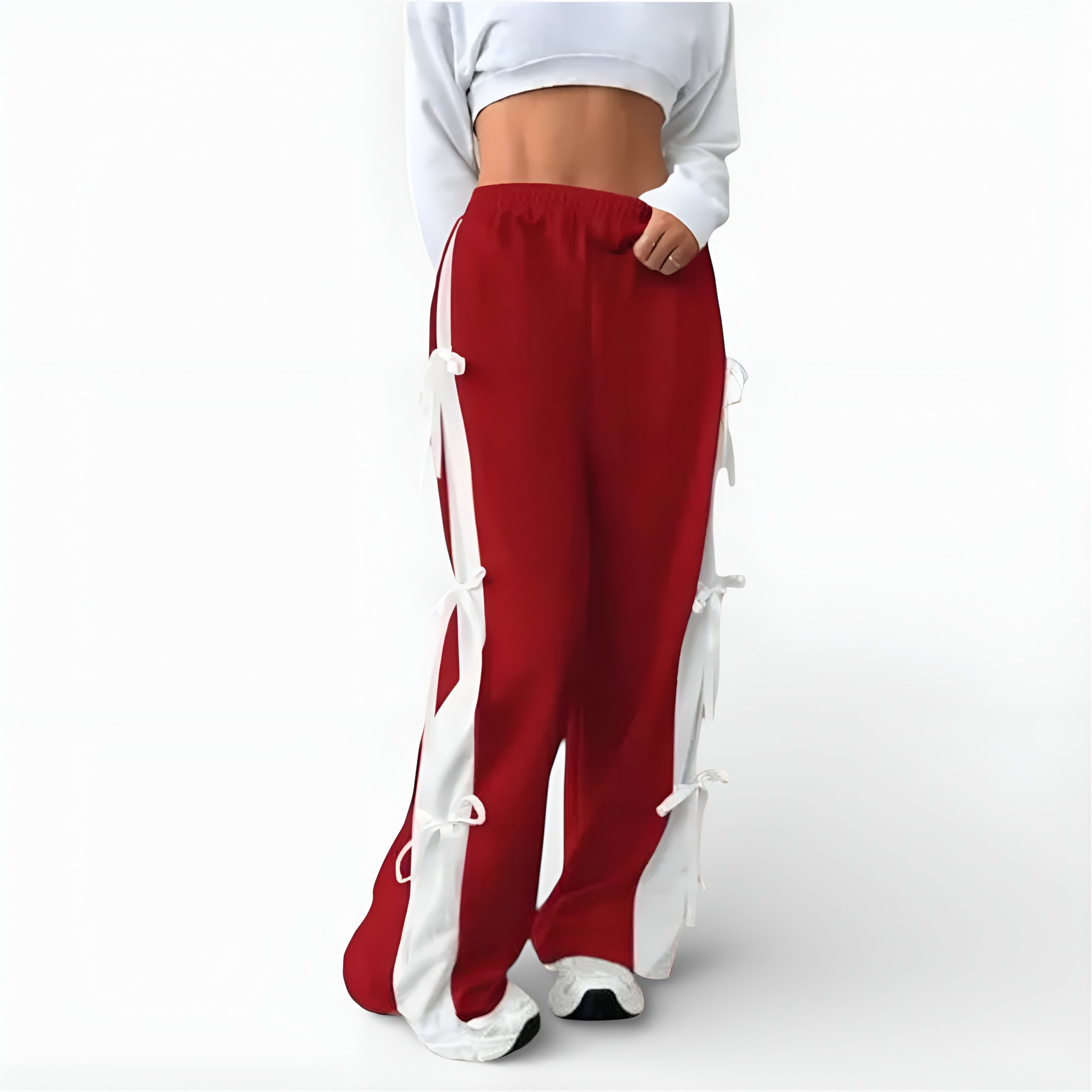 Women Elastic Waist Straight Leg Sweatpants with Bow Tie (RED1)