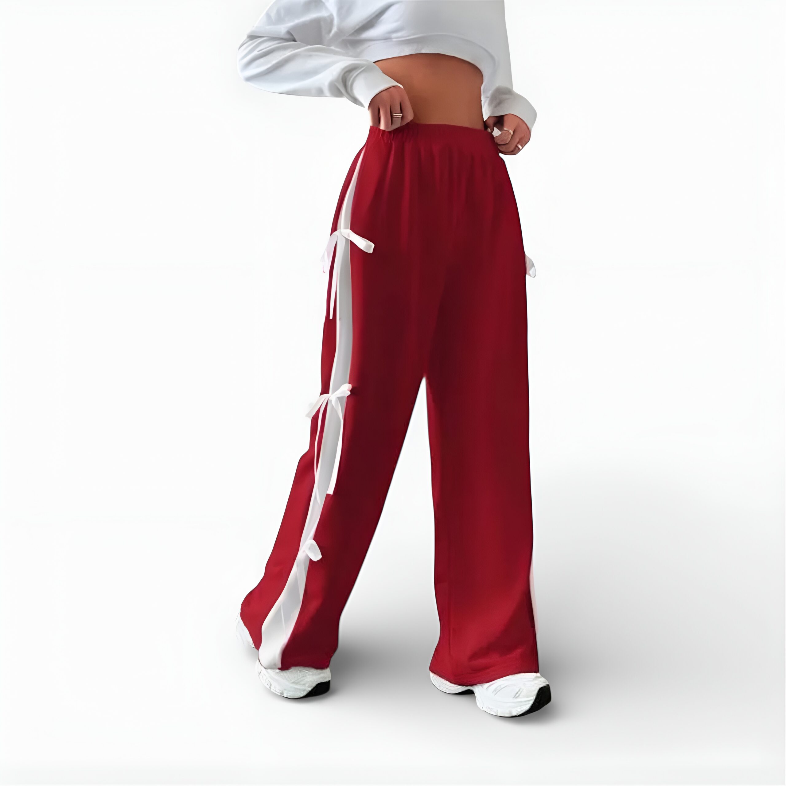 Women Elastic Waist Straight Leg Sweatpants with Bow Tie (RED2)