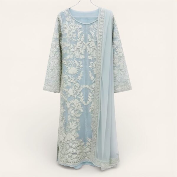 Women’s Grey Floral Embroidered Net Semi Stitched Suit Set