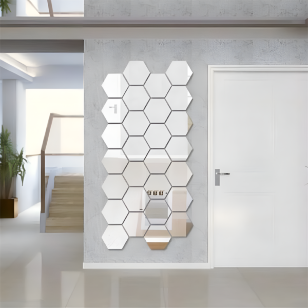 3D Hexagon Mirror Wall Stickers (28 PCS) Silver Acrylic Self Adhesive Wall Decor