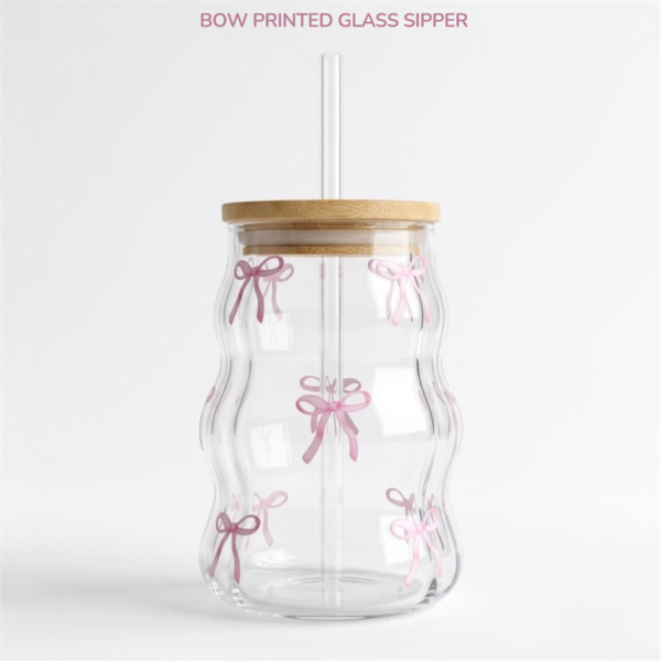 Aesthetic Glass Sipper with Straw – Bow & Wavy Design
