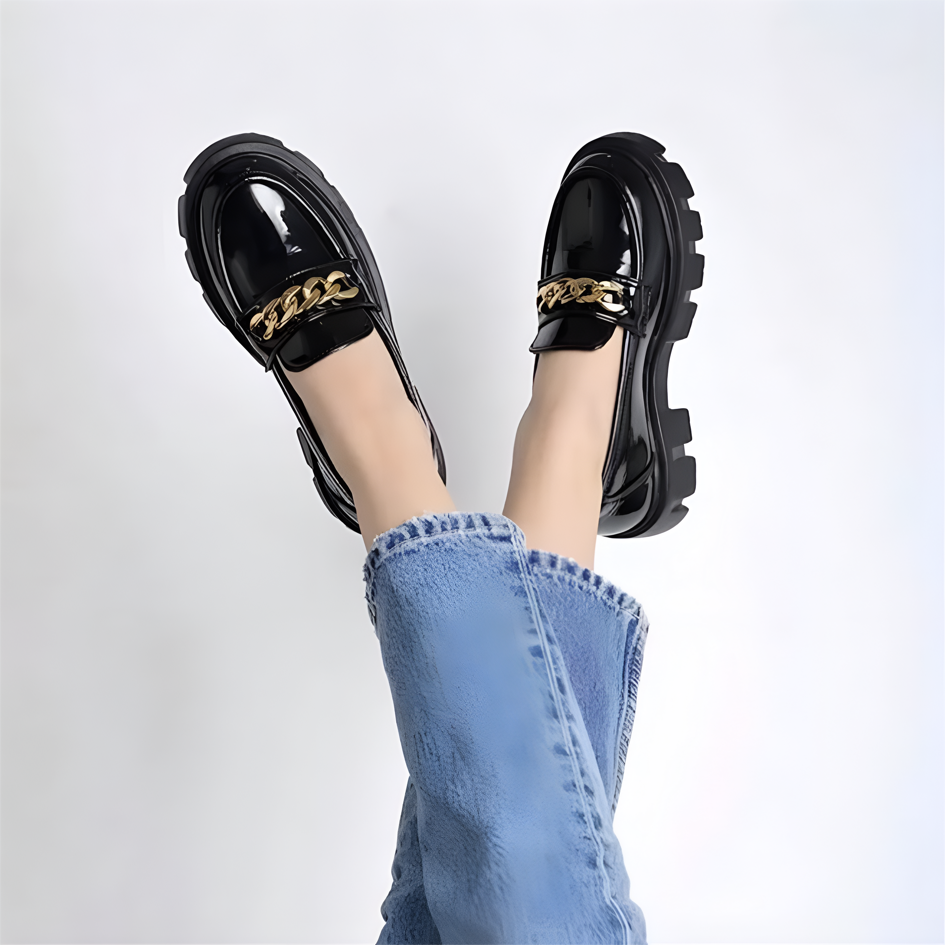 Black Korean Chain Loafers for Women – Patent Leather Slip-On Shoes