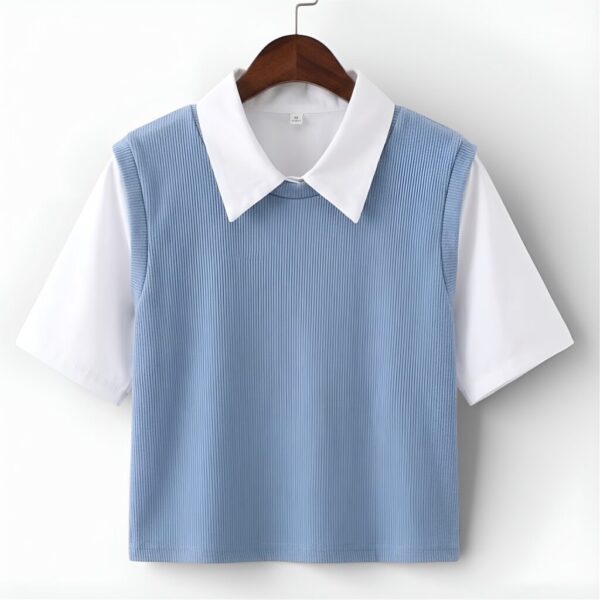 Blue Korean Style Crop Top for Women – Cotton Blend Sleeveless T-Shirt