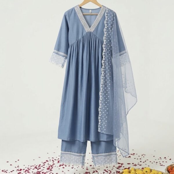 Blue Silk Blend Kurta Palazzo Set with Embroidered Dupatta