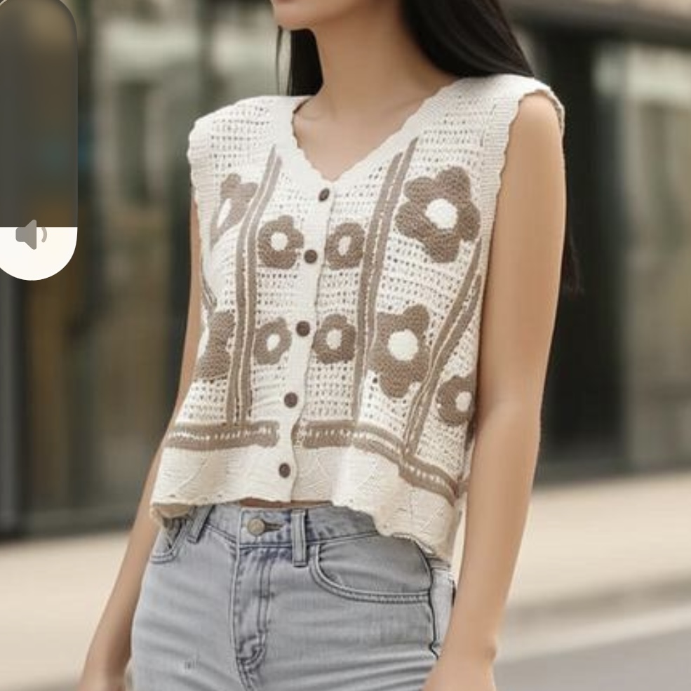 Boho Crochet Knit Vest Top for Women – Button Front Sleeveless Top (BEIGE) wearing