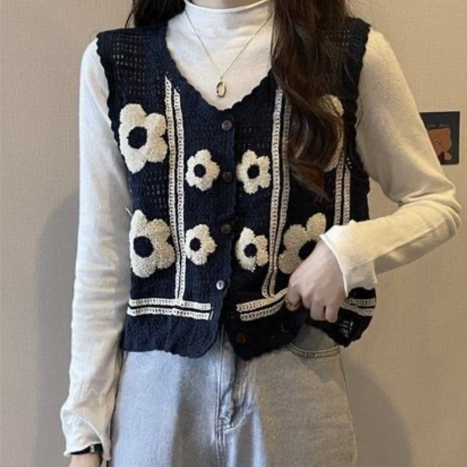 Boho Crochet Knit Vest Top for Women – Button Front Sleeveless Top (BLACK) wearing