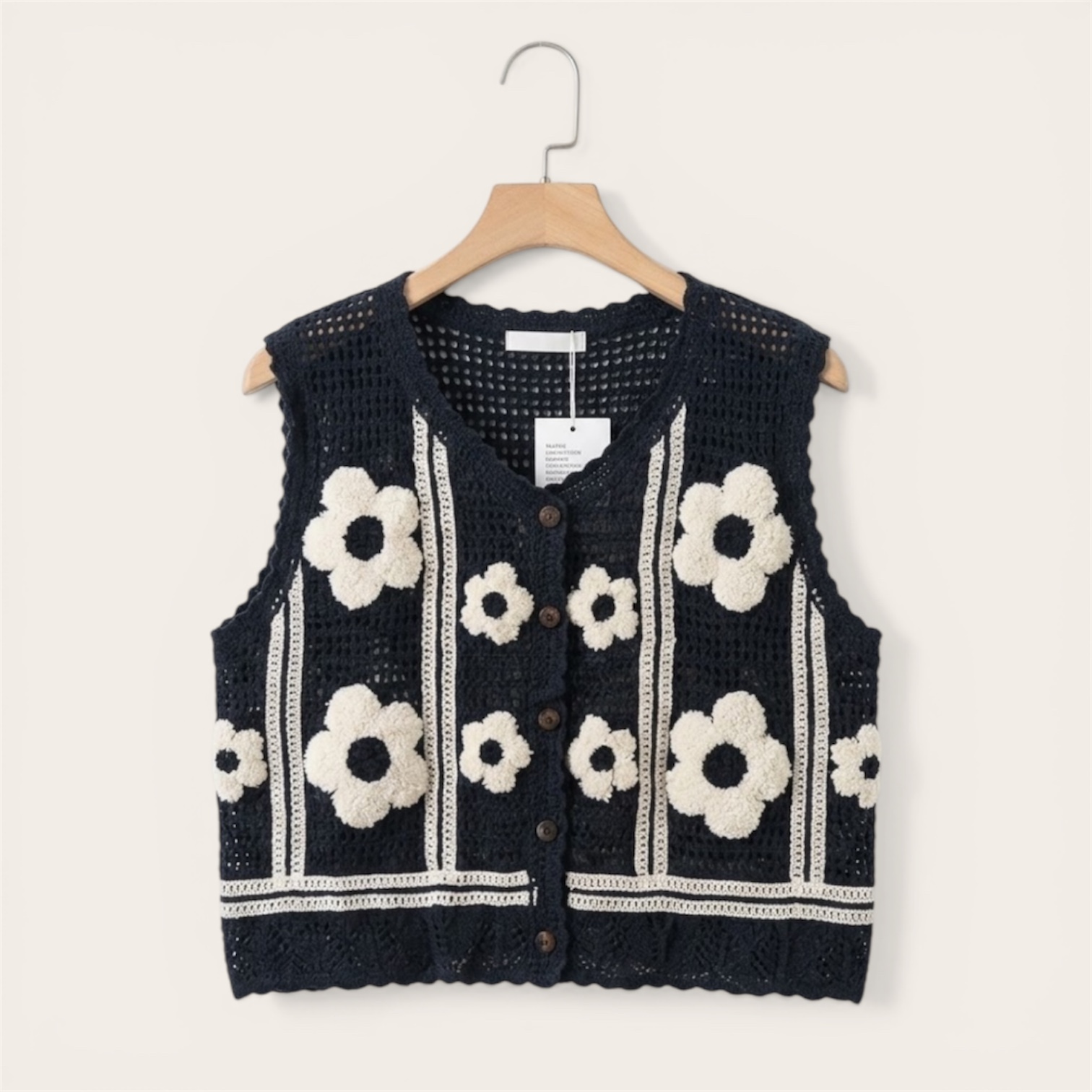 Boho Crochet Knit Vest Top for Women – Button Front Sleeveless Top (BLACK)