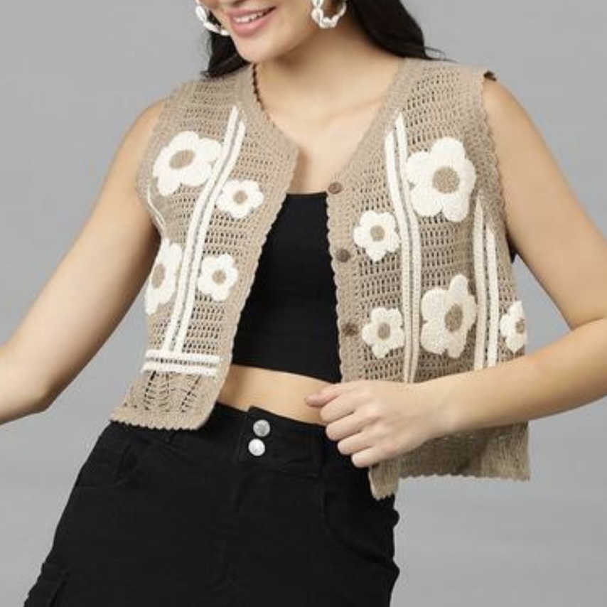 Boho Crochet Knit Vest Top for Women – Button Front Sleeveless Top (LIGHT_BROWN) wearing