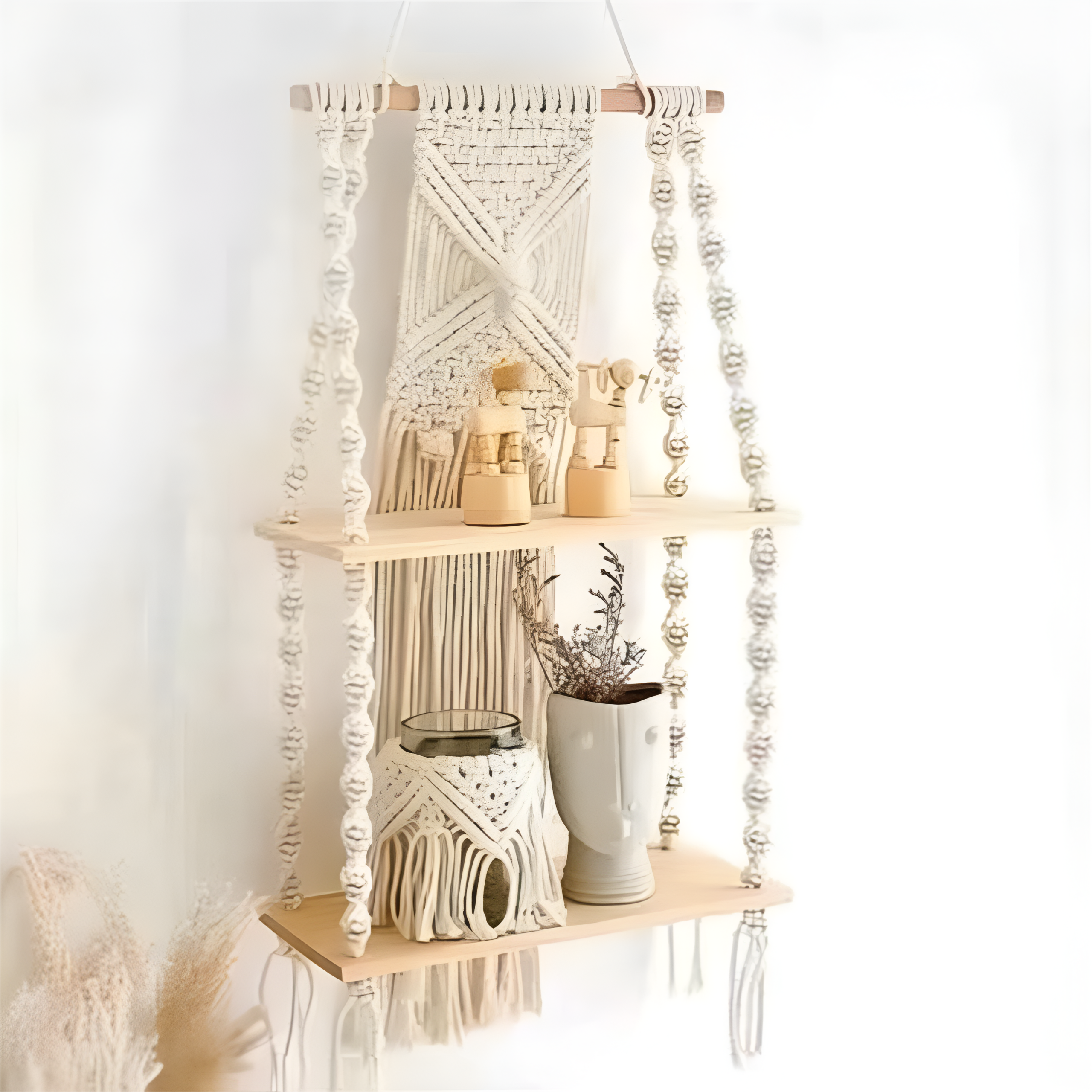 Boho Macrame Wall Hanging Shelf – Wooden Floating Storage Decor