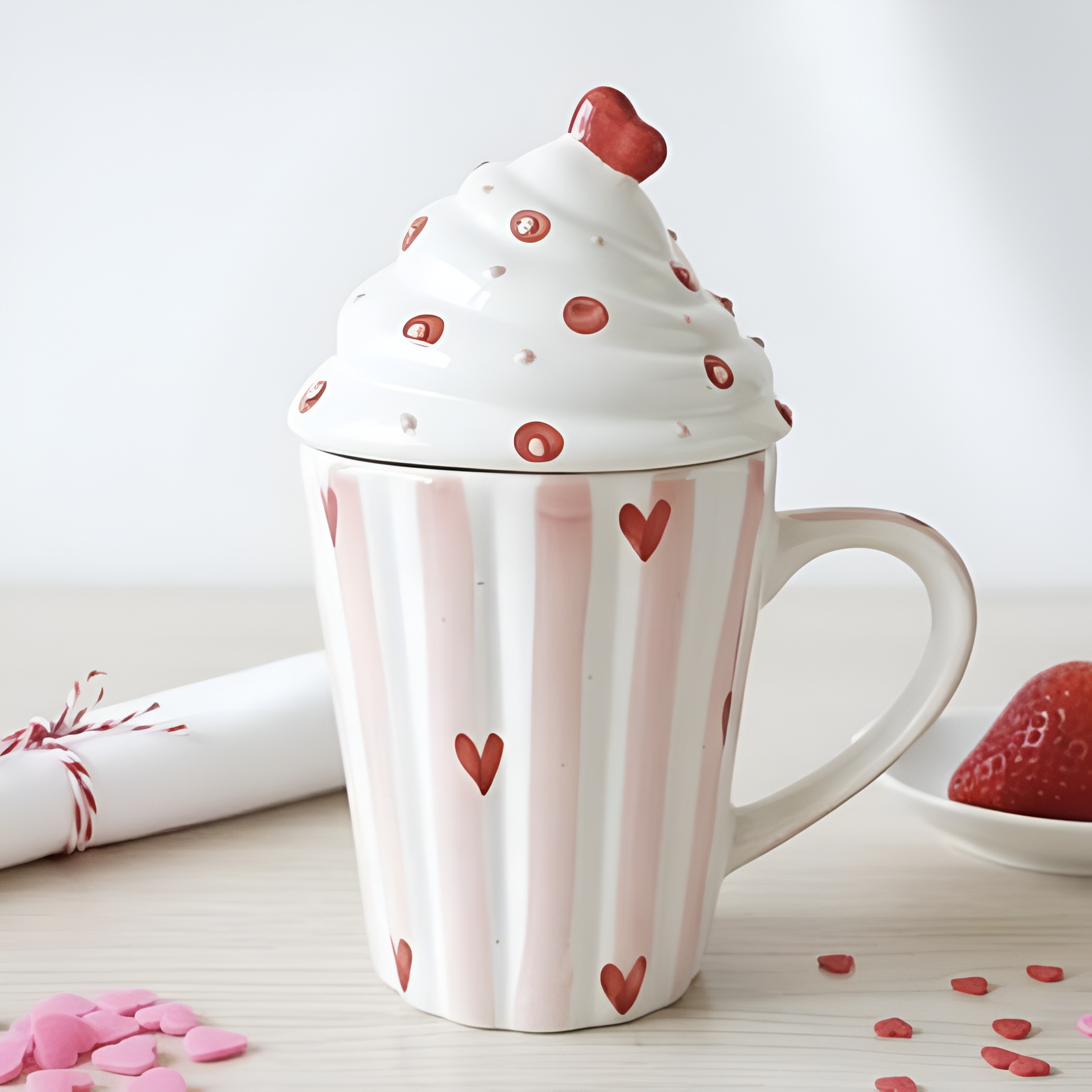 Cute Heart Design Ceramic Coffee Mug with Lid (Red)