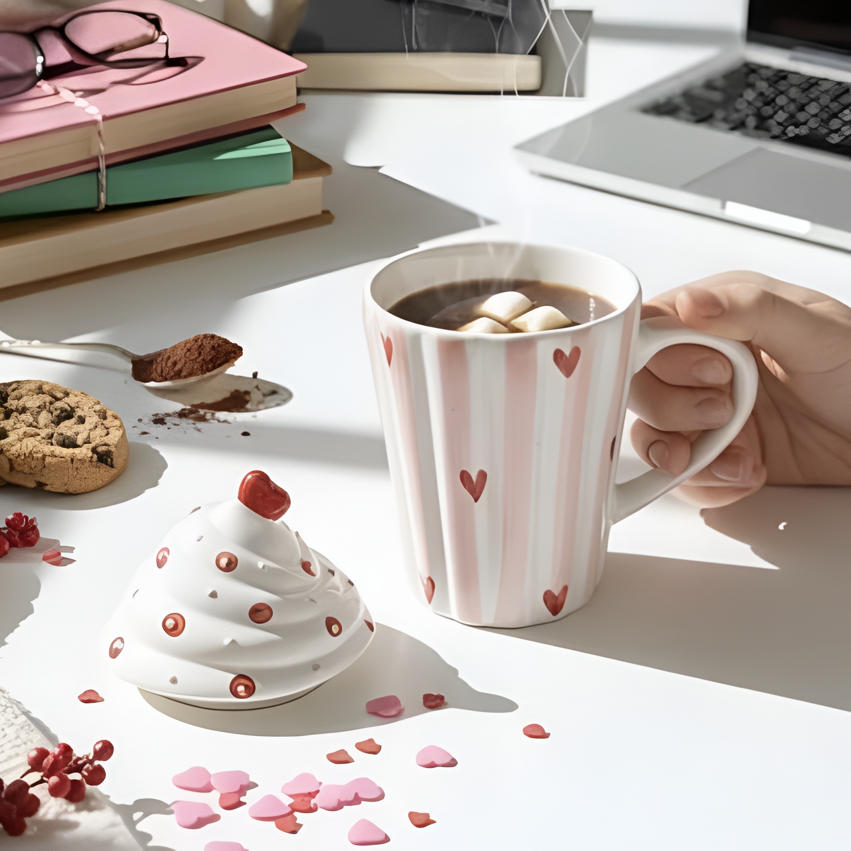 Cute Heart Design Ceramic Coffee Mug with Lid (Red) IMG2