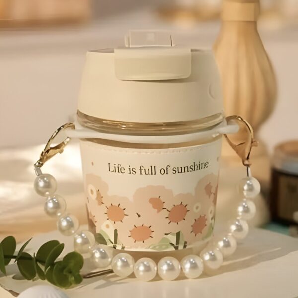 Double Wall Glass Coffee Mug with Lid & Straw – Pearl Handle Cup (350 ml)