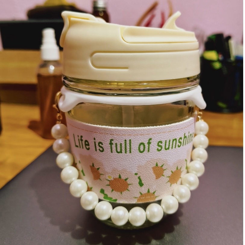 Double Wall Glass Coffee Mug with Lid & Straw – Pearl Handle Cup (350 ml)