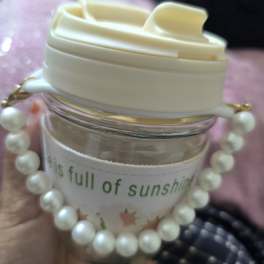 Double Wall Glass Coffee Mug with Lid & Straw – Pearl Handle Cup (350 ml)