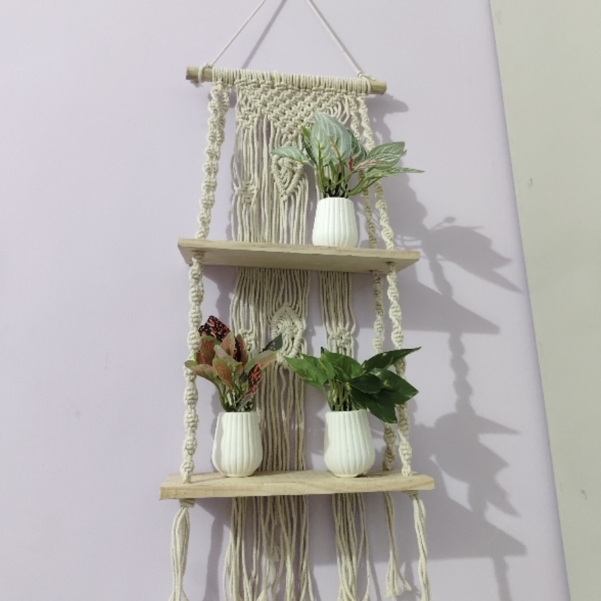 Boho Macrame Wall Hanging Shelf – Wooden Floating Storage Decor