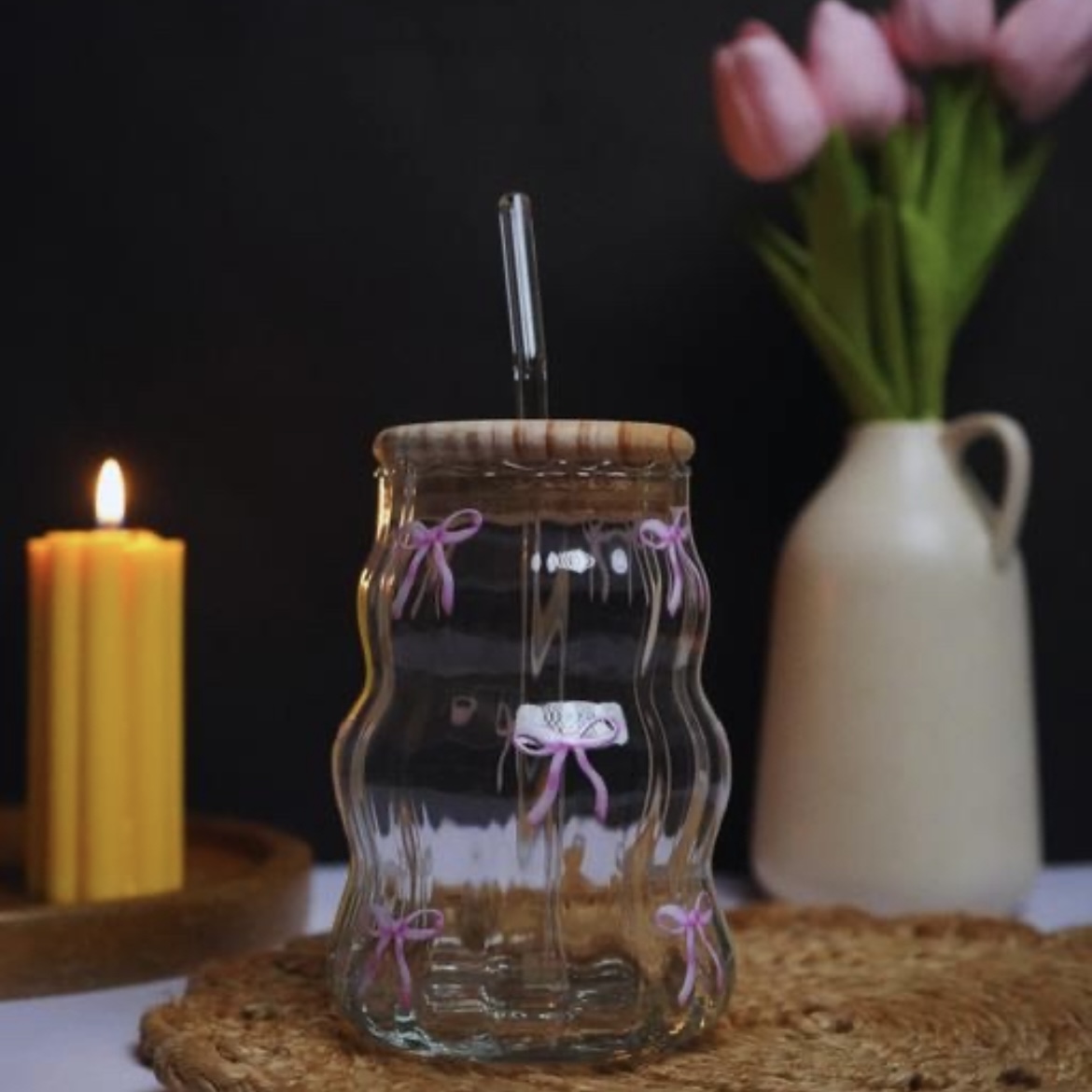 Aesthetic Glass Sipper with Straw – Bow & Wavy Design