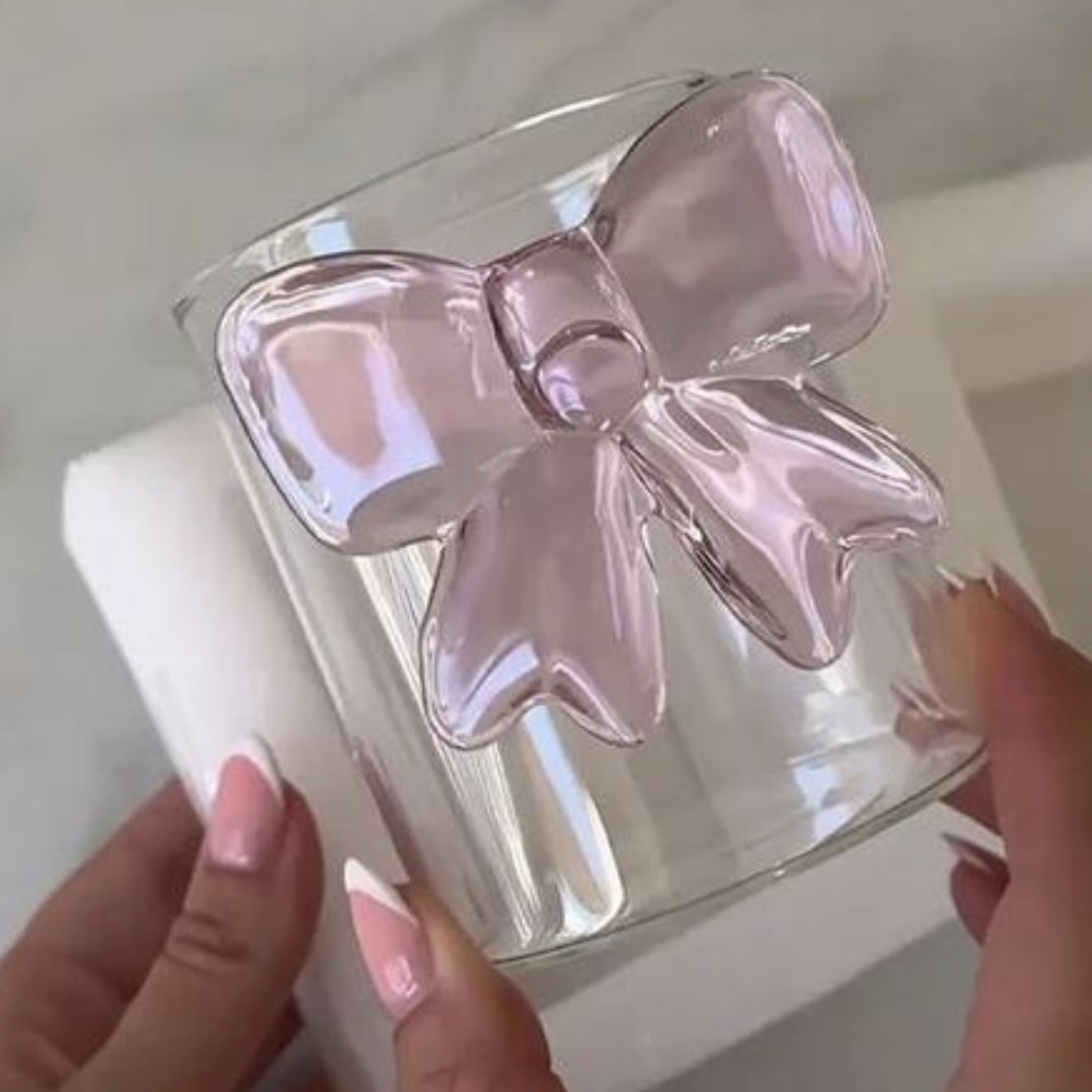 3D Pink Bow Glass Cup – Cute Aesthetic Drinkware (250 ml)