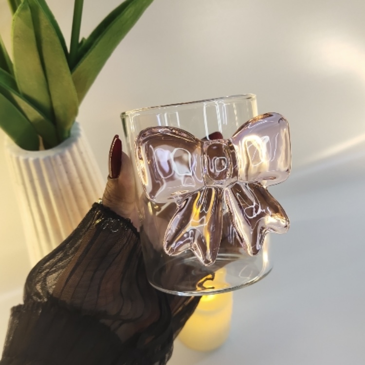 3D Pink Bow Glass Cup – Cute Aesthetic Drinkware (250 ml)