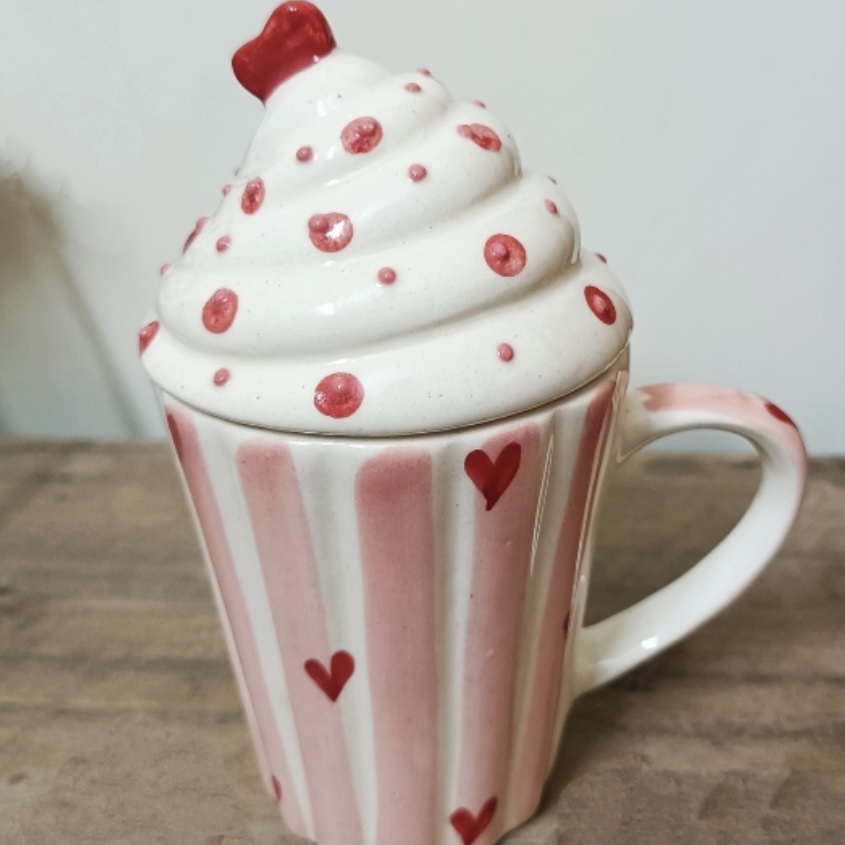 Cute Heart Design Ceramic Coffee Mug with Lid (Red)