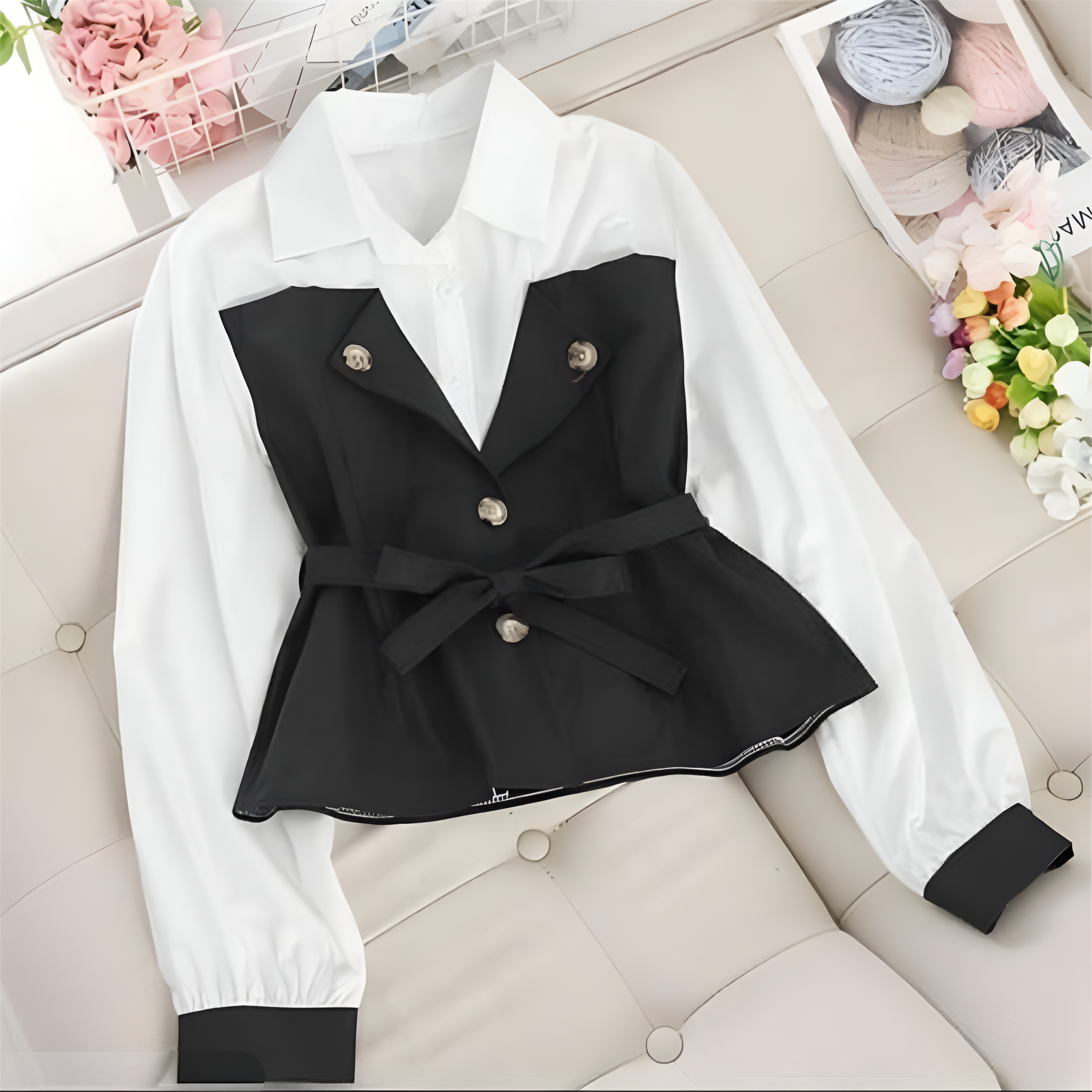 Korean Style Button Top for Women – Black & White Crepe Shirt