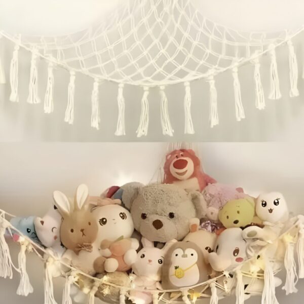 Macrame Toy Hammock – Boho Wall Storage for Plush Toys