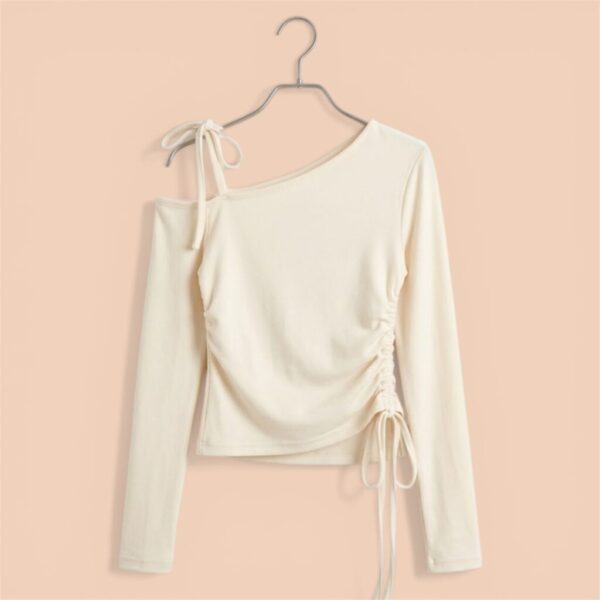 One Side Drawstring Cold Shoulder Top for Girls – Long Sleeve Fitted Top