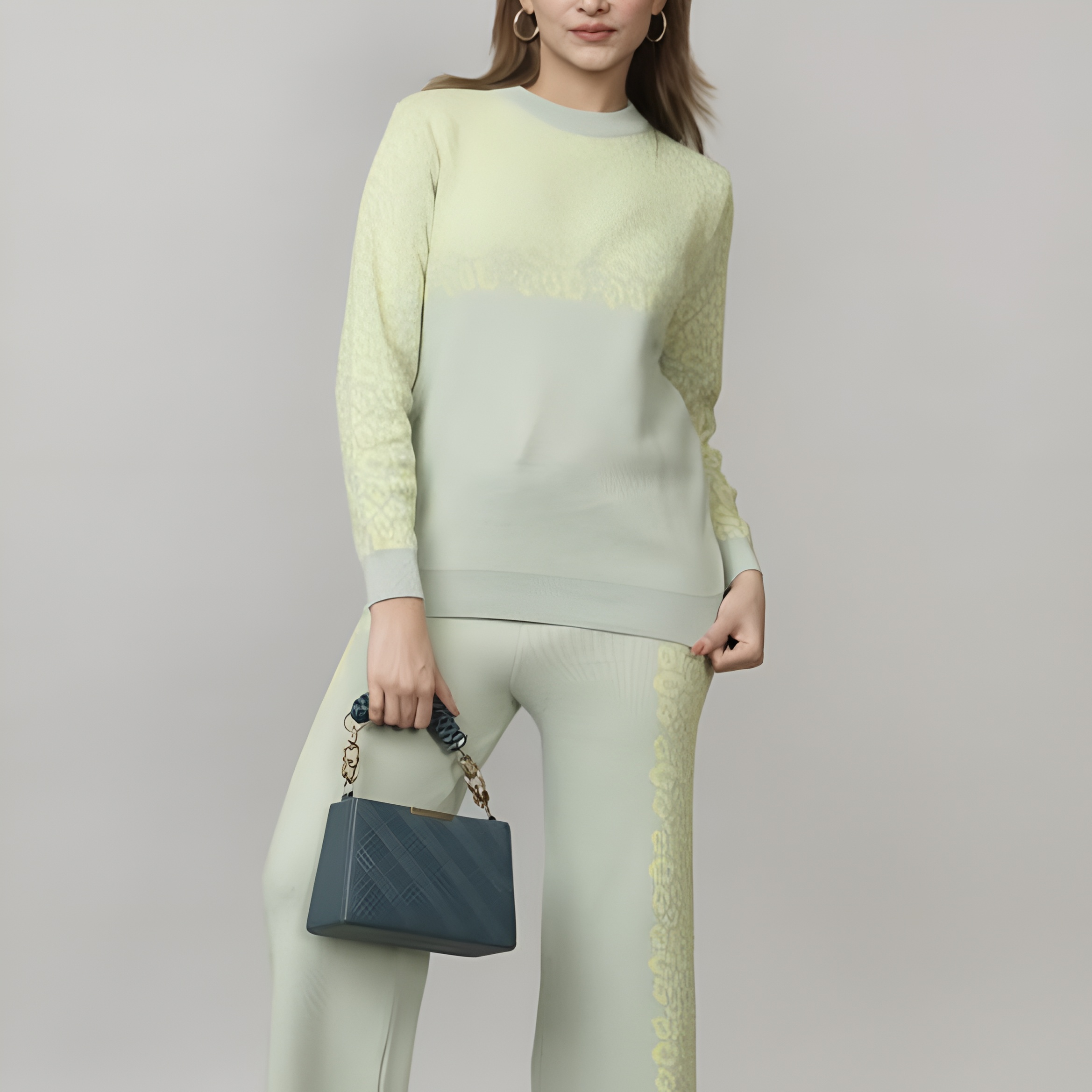 Soft Wool Co-Ord Set for Women – Full Sleeve Sweatshirt & Trouser Set (GREEN) wearing