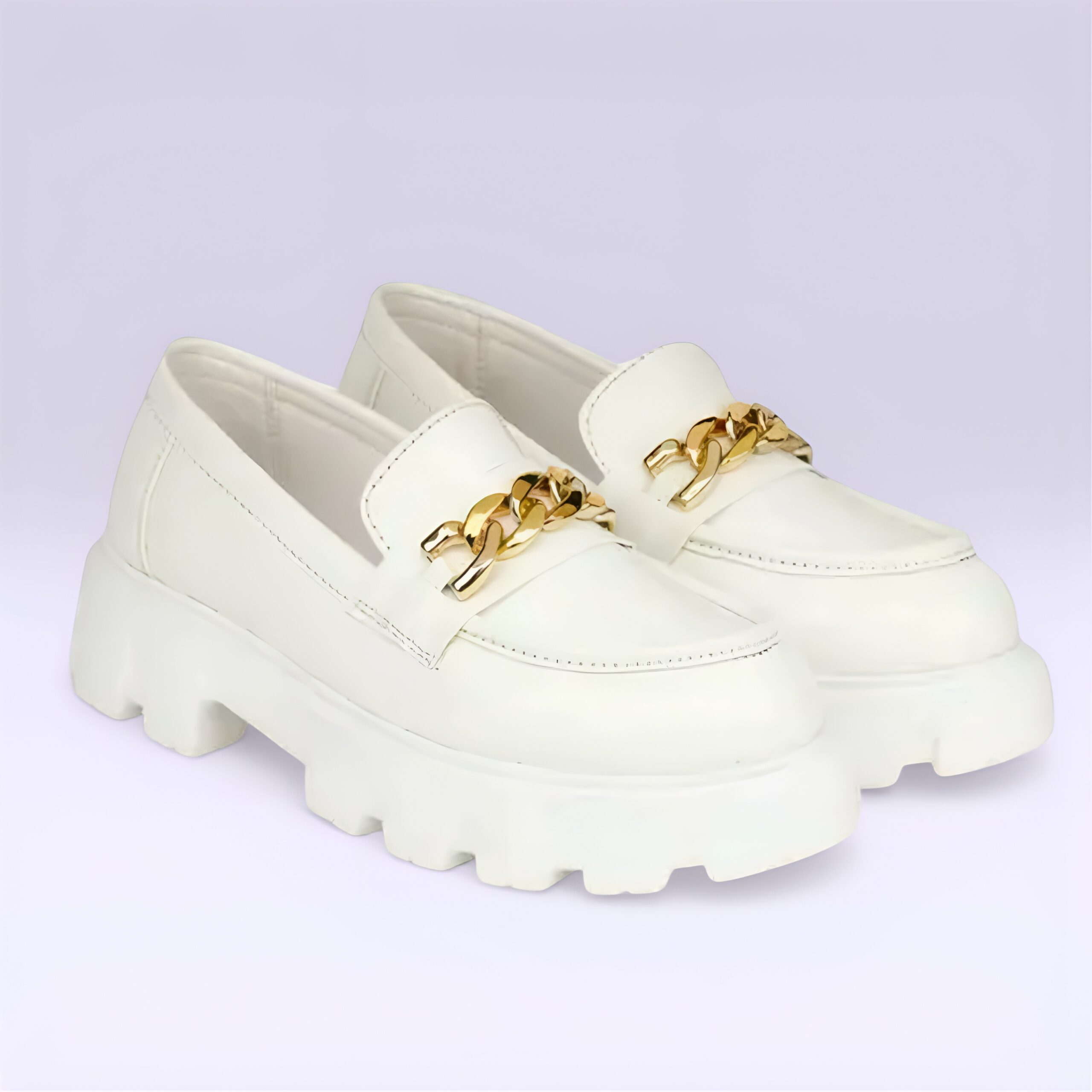 White Chunky Loafers for Women – Korean Style Chain Slip-On Shoes