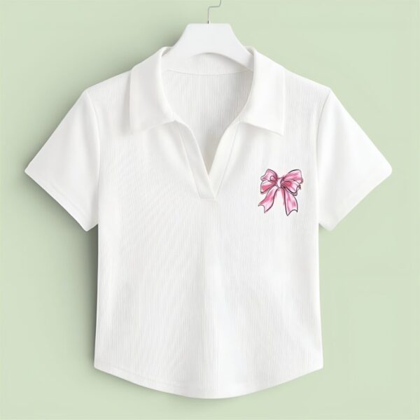 White Collar Crop Top with Pink Bow Print – Cute Aesthetic Top
