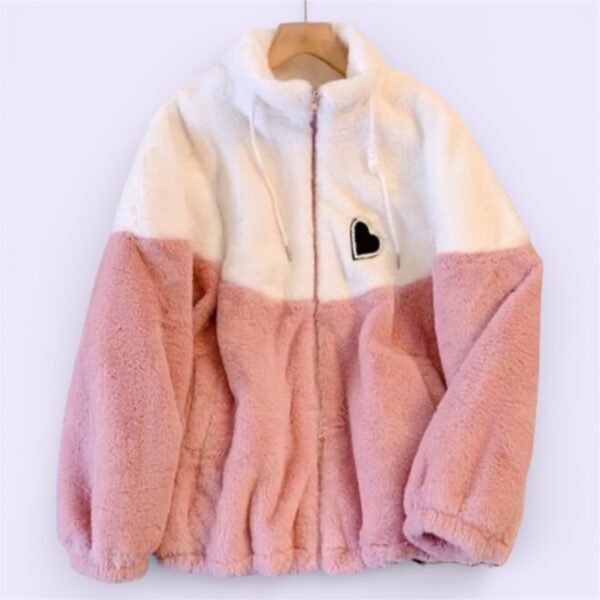 Women Teddy Fleece Colorblock Winter Jacket – Heart Patch Hoodie