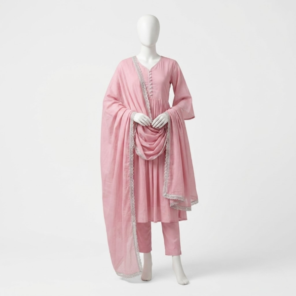 Baby Pink Mulmul Cotton Anarkali Kurta Set with Trousers & Dupatta