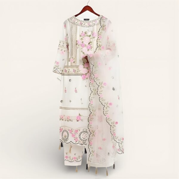Off White Embroidered Pakistani Salwar Suit with Floral Dupatta
